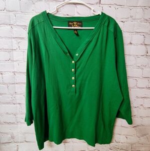 Ralph Lauren LRL Lauren V Neck Gold Button Green Ribbed Henley 3X Tunic Top